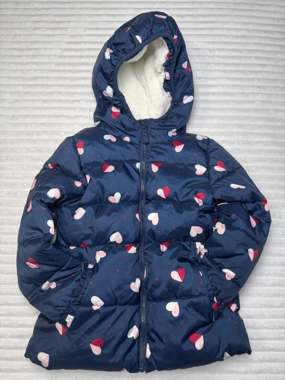 Wonder Nation Girls Puffer Jacket Blue Pink Heart Print Hooded Winter 5T